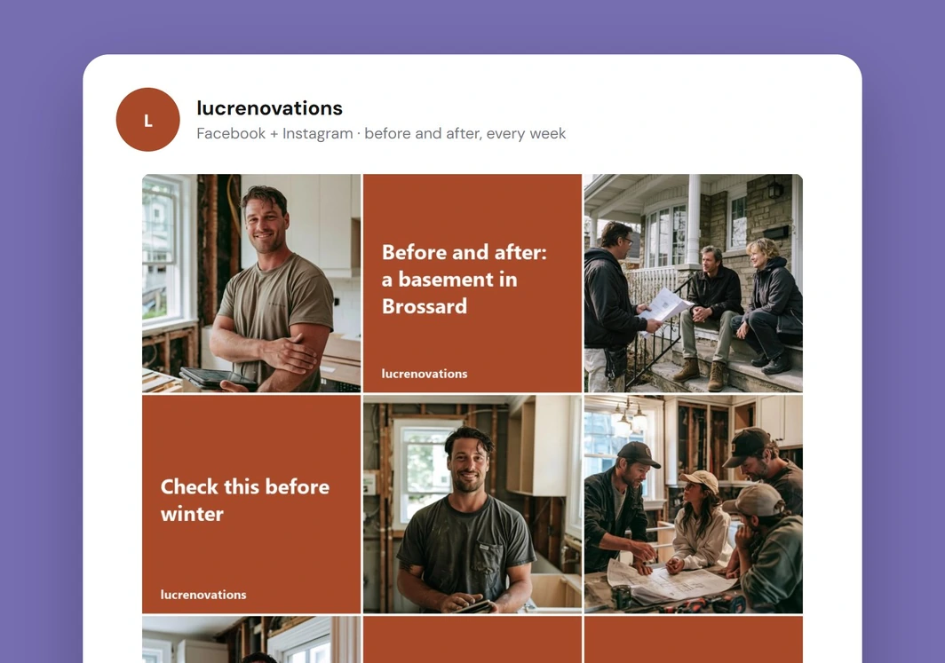 Exemple de grille Instagram pour Rénovations Luc.