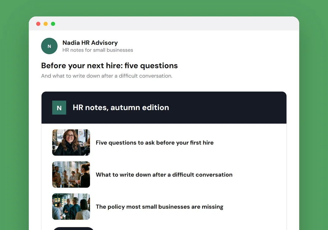 Exemple de numéro d’infolettre pour Nadia HR Advisory.