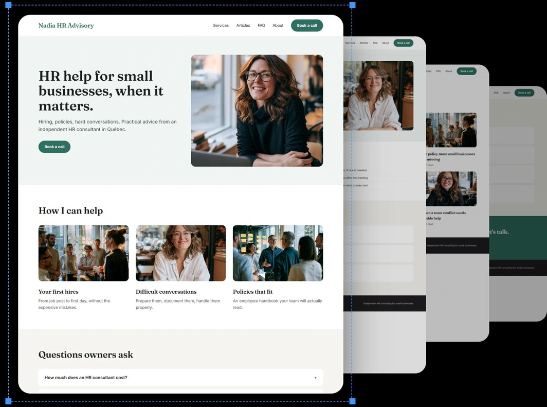 Exemple de site Web pour Nadia HR Advisory, une pratique en RH.