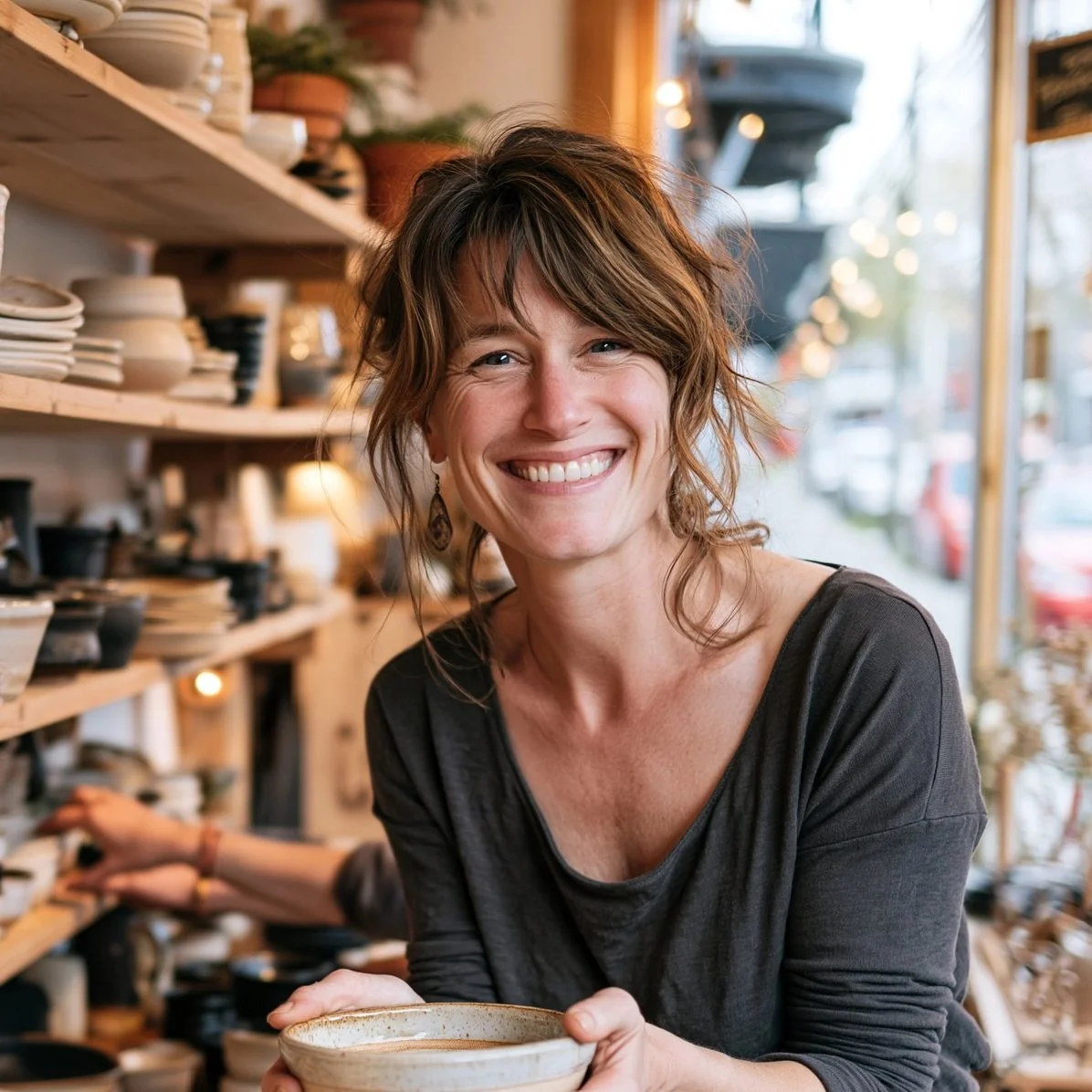 Une propriétaire de boutique dispose des céramiques artisanales sur des tablettes en bois.