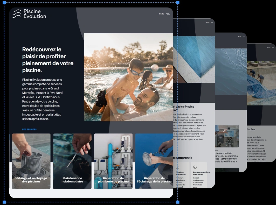 Pages du site Web de Piscine Évolution : l’accueil, la fermeture de piscine, les conseils et le remplacement de toile.